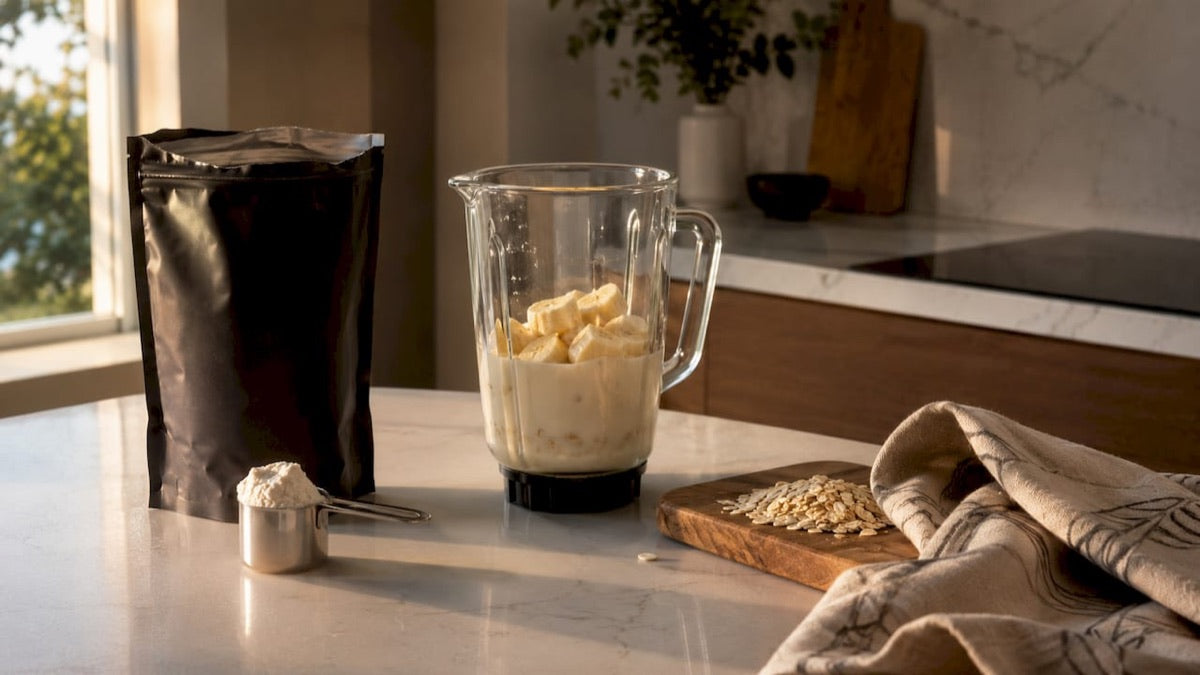 Whey protein powder and shake ingredients on a kitchen counter
