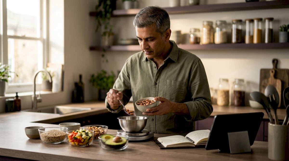 Hands weighing food for calorie tracking