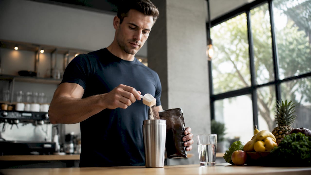 Athlete preparing collagen peptide protein shake