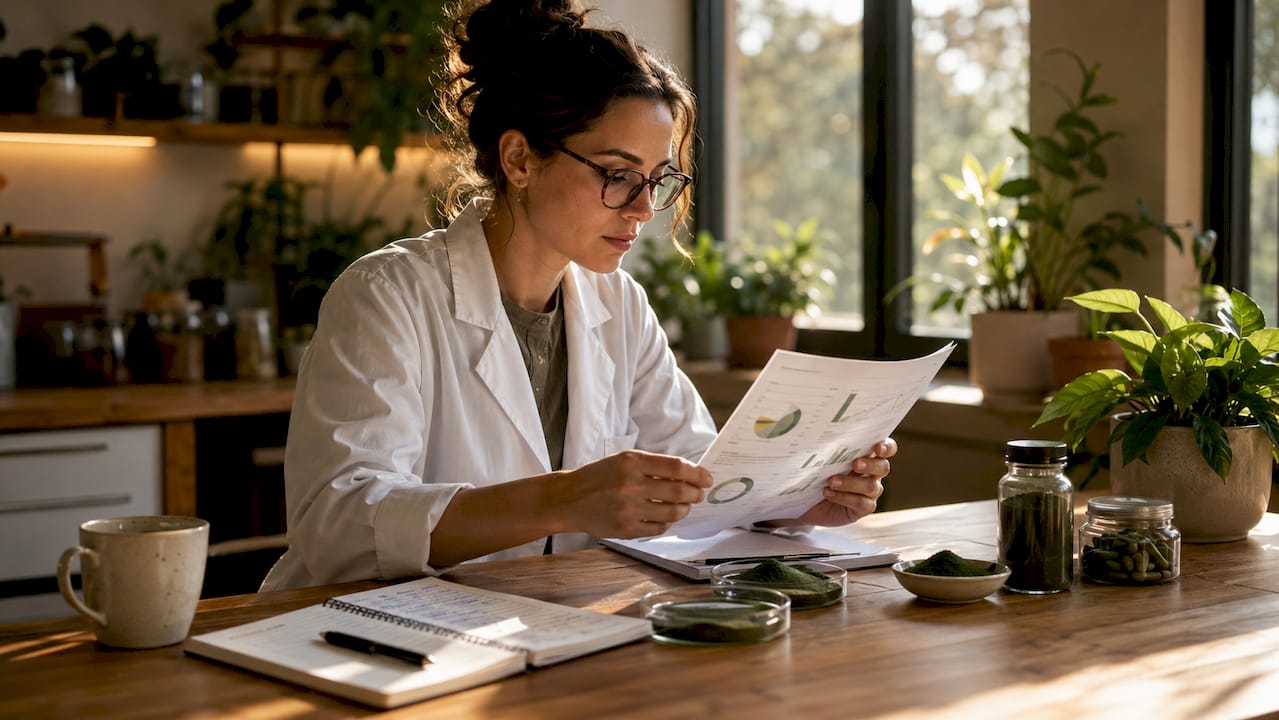 Scientist reviewing sustainable supplement data