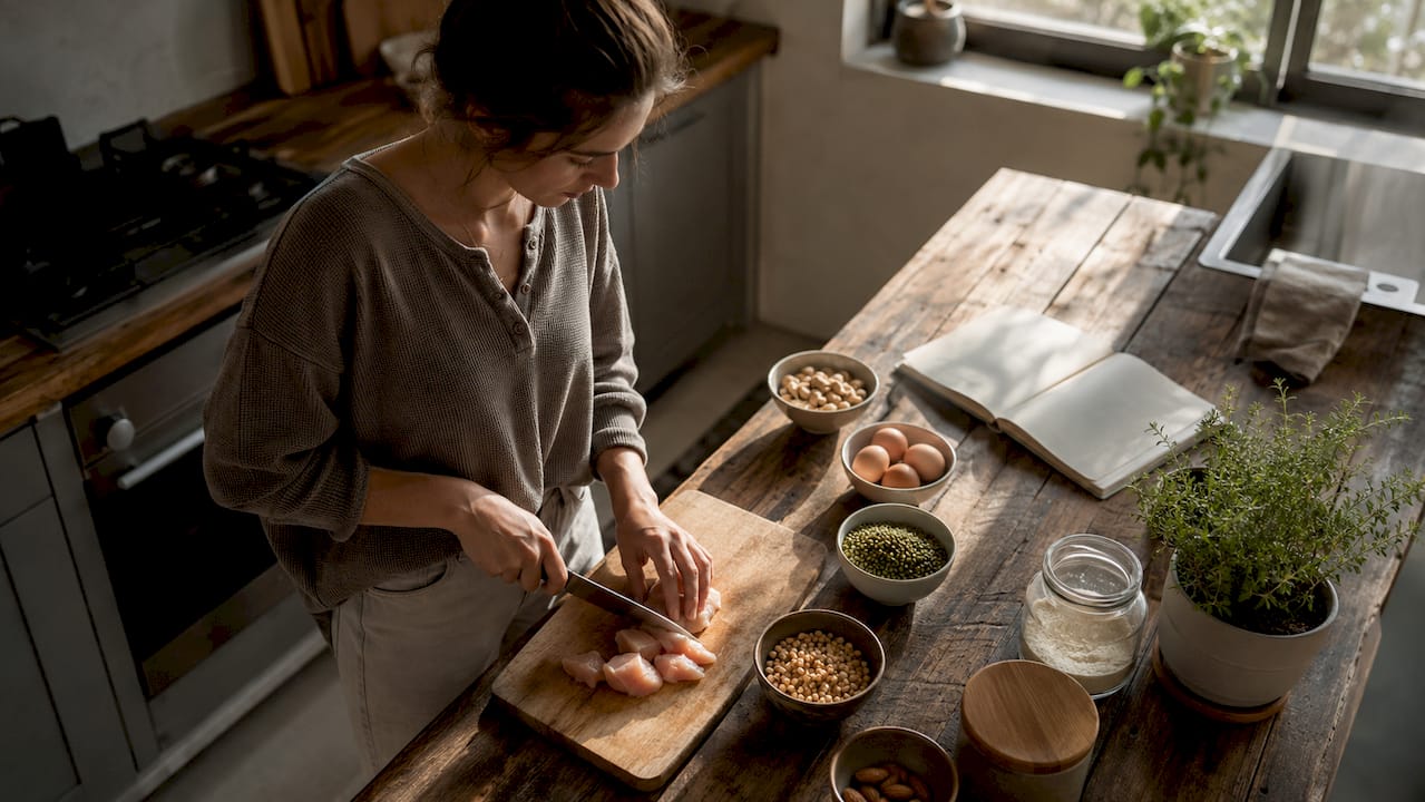 Woman preparing gluten-free protein meal in kitchen
