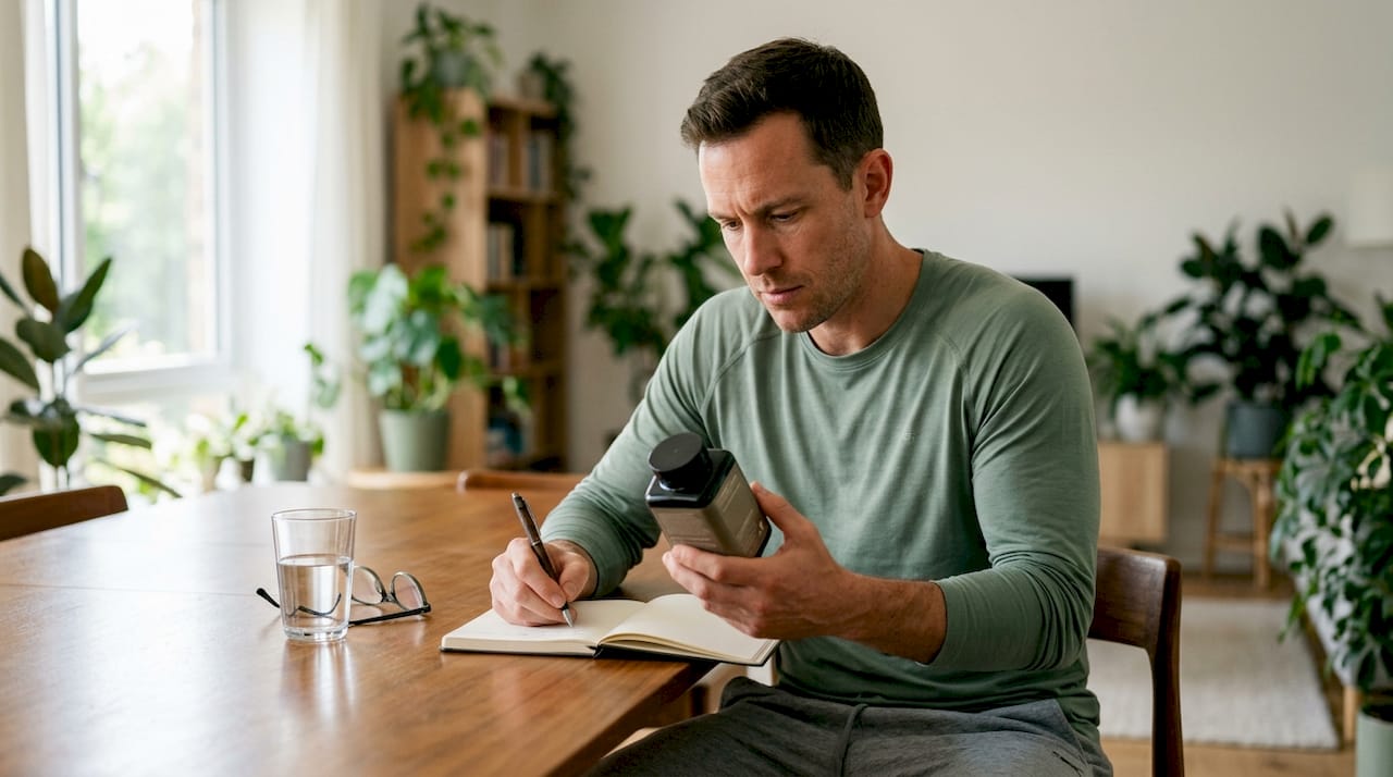 Athlete reviewing sports supplement label at home