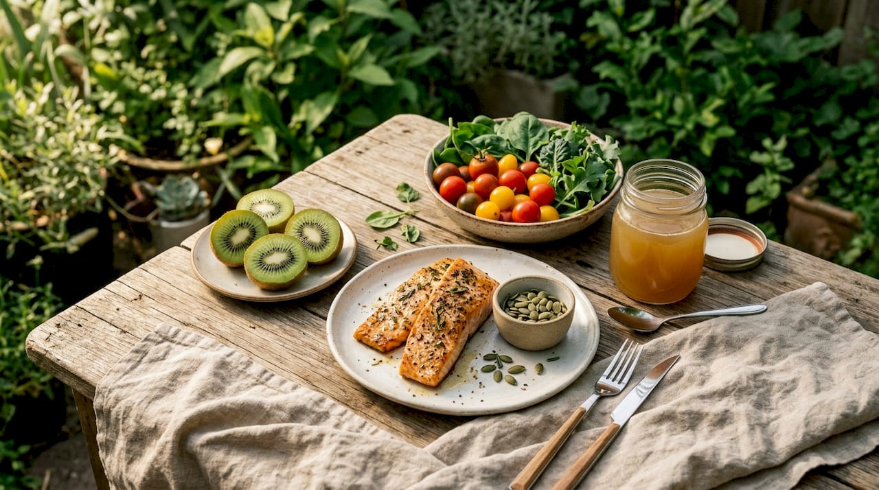 Assorted fresh foods supporting skin renewal in flat lay