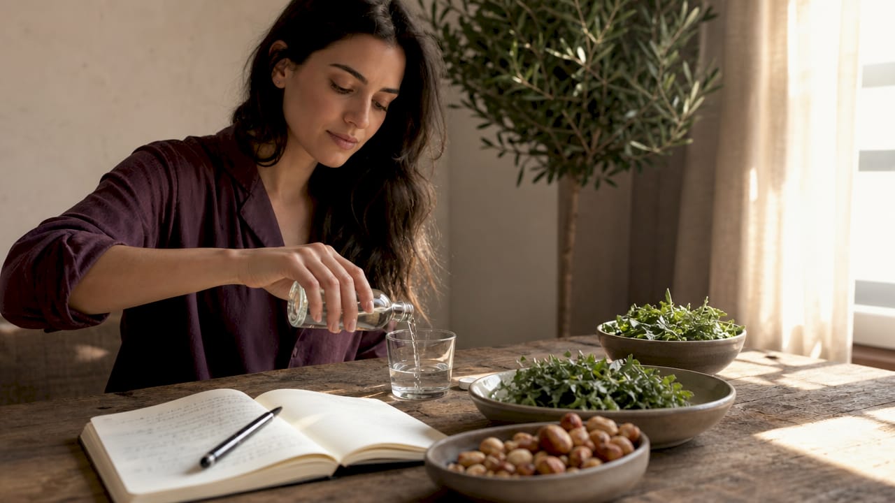 Woman pouring liquid collagen at kitchen table