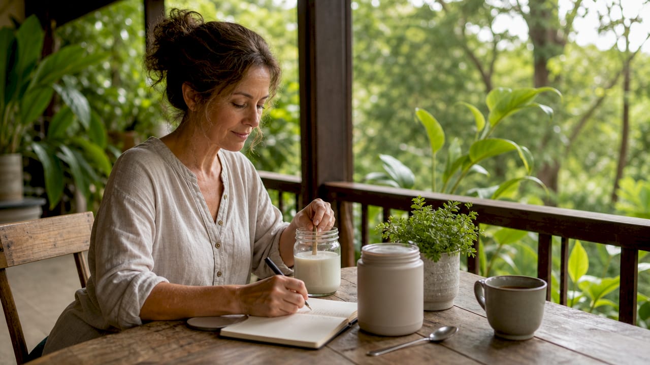 Woman preparing collagen supplement at kitchen table
