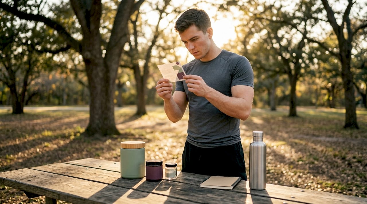 Athlete reading supplement label at home table