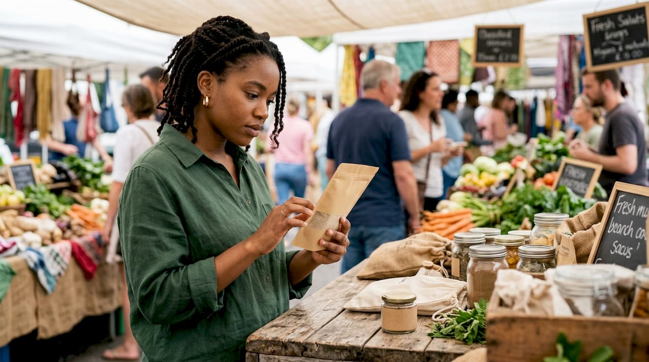 Woman shopping dairy-free protein sachets in store