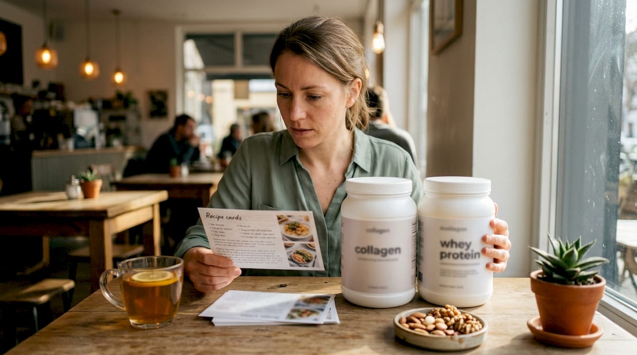 Nutritionist comparing collagen and whey protein tubs