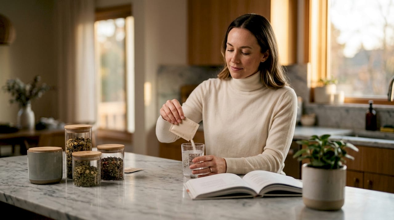 Woman preparing collagen supplement drink in kitchen