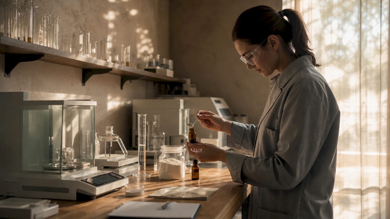 Technician testing supplement purity in lab