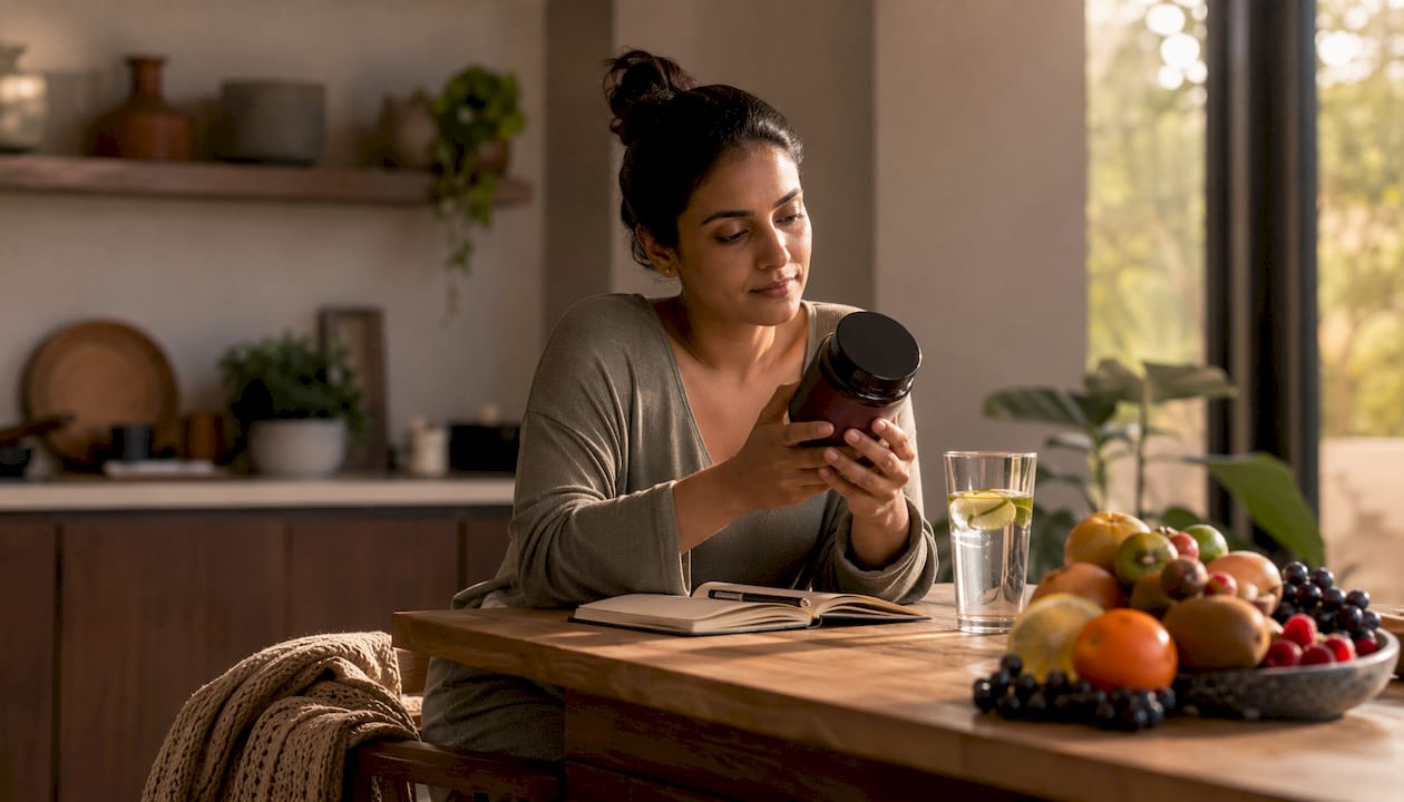 Woman reading ingestible beauty supplement label at kitchen table
