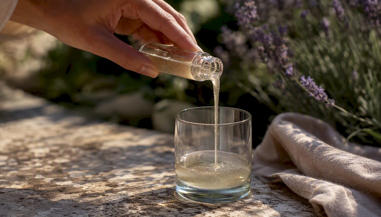 Hand pouring liquid collagen shot