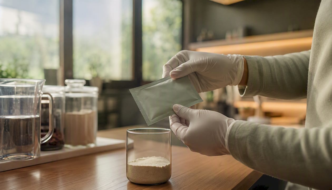 Hands placing supplement sample in lab container