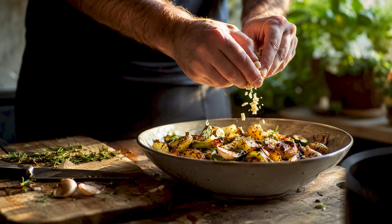 Hands squeezing lemon over vegetables bowl