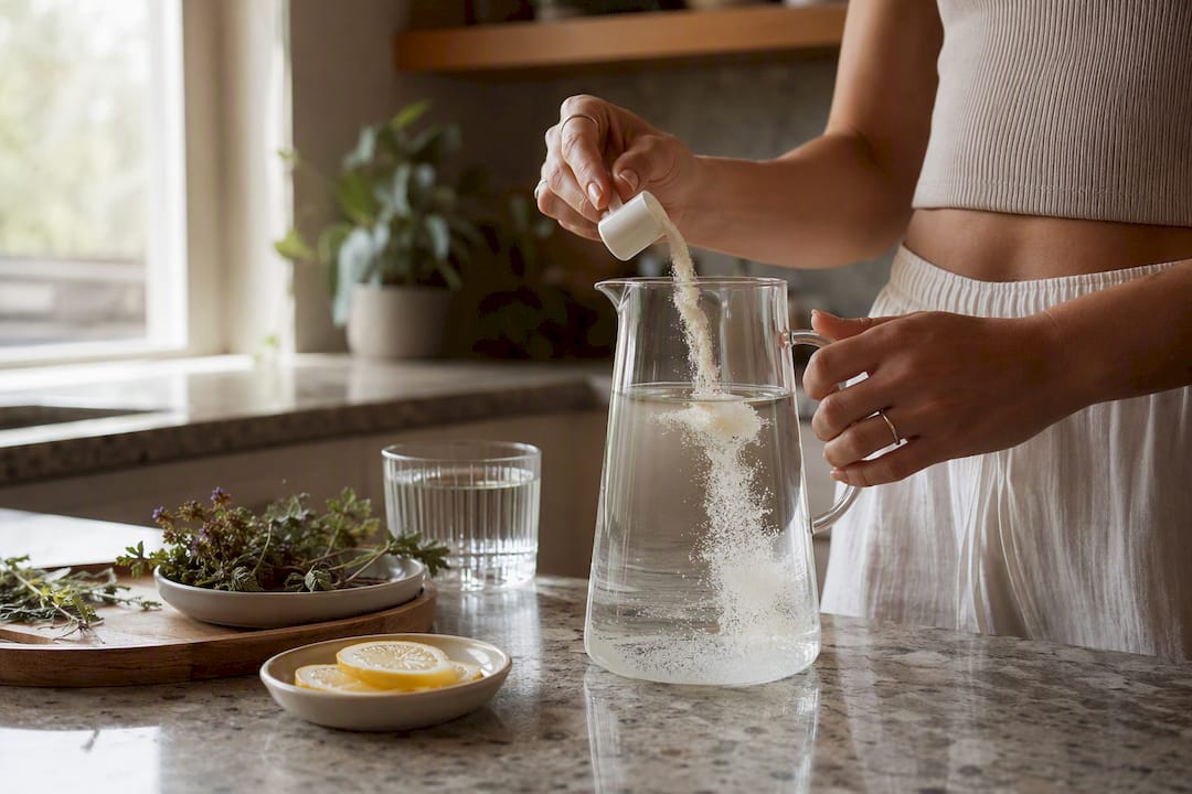 Hands pouring collagen powder into glass