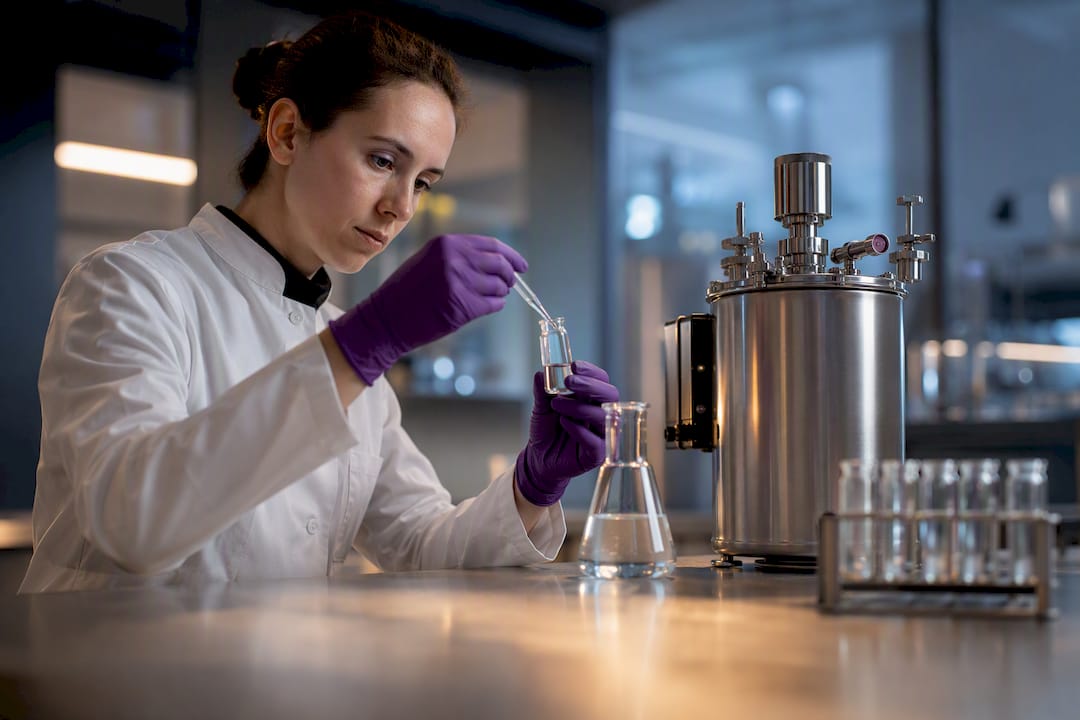 Biotechnologist working beside a laboratory bioreactor