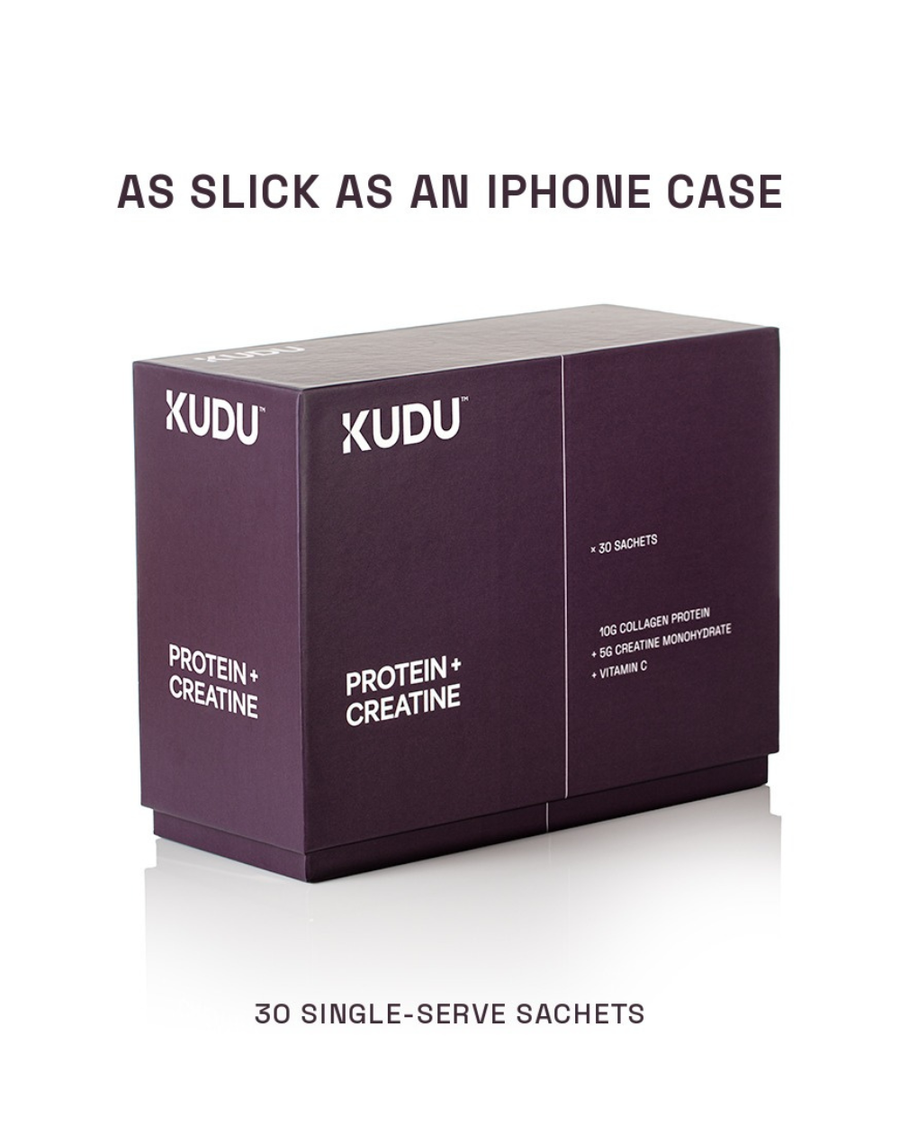 KUDU Collagen + Creatine box — 30 single-serve sachets, slim and portable