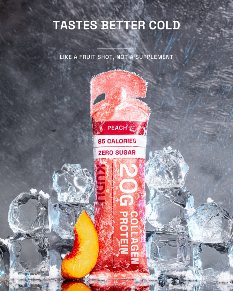 KUDU peach liquid collagen protein sachet on ice — 85 calories, zero sugar, tastes better cold