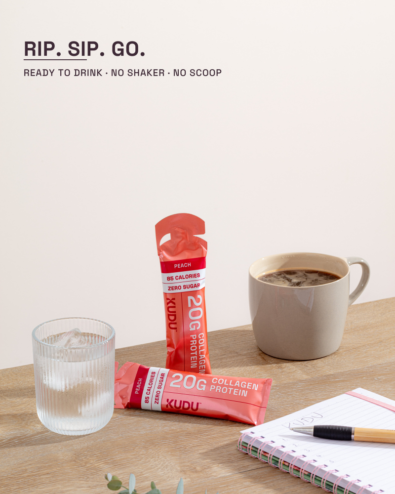 KUDU liquid collagen protein sachet — rip, sip, go; ready to drink with no shaker or scoop