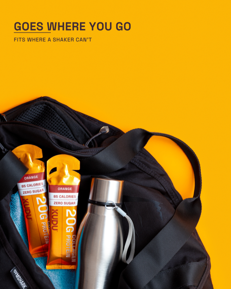 KUDU liquid collagen protein sachets in a gym bag — portable, goes where you go