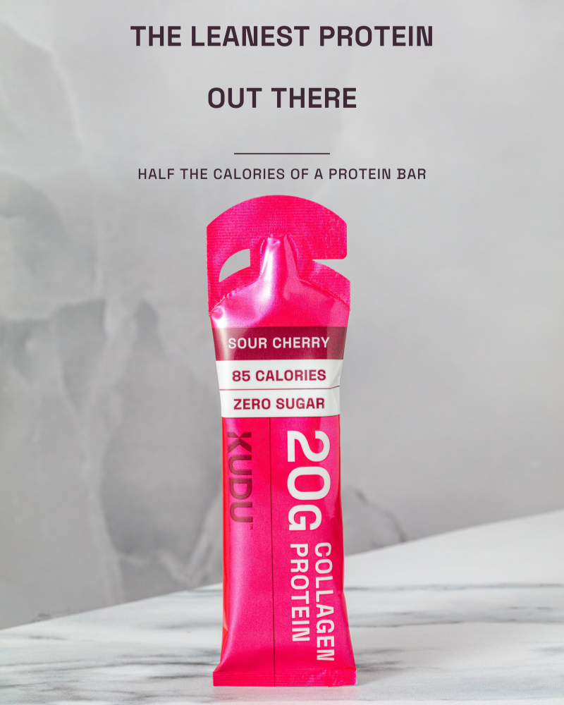 KUDU sour cherry liquid collagen protein — 85 calories, zero sugar, leaner than a protein bar