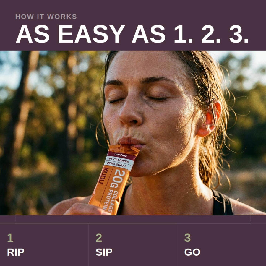 Person sipping Strawberry & Vanilla 20g Liquid Collagen Protein — 14 Sachets for a low calorie protein boost.