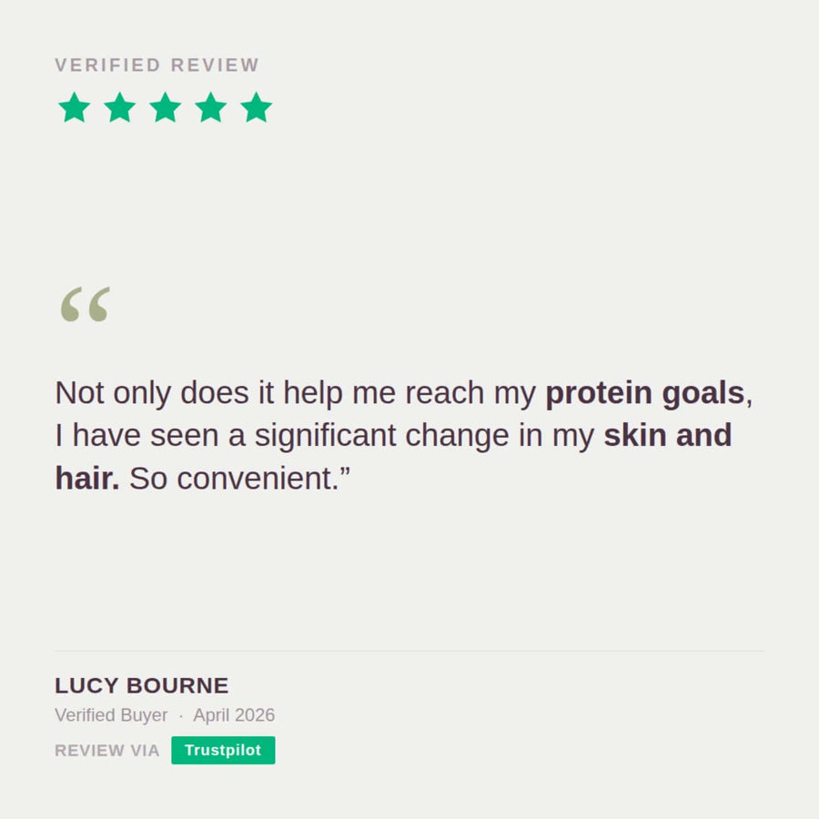 Customer review on Strawberry & Vanilla 20g Liquid Collagen Protein. Highlights protein goals and benefits for skin and hair.