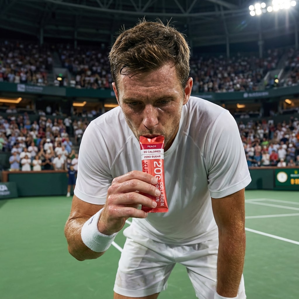 Tennis player drinking kudu on a tennis court