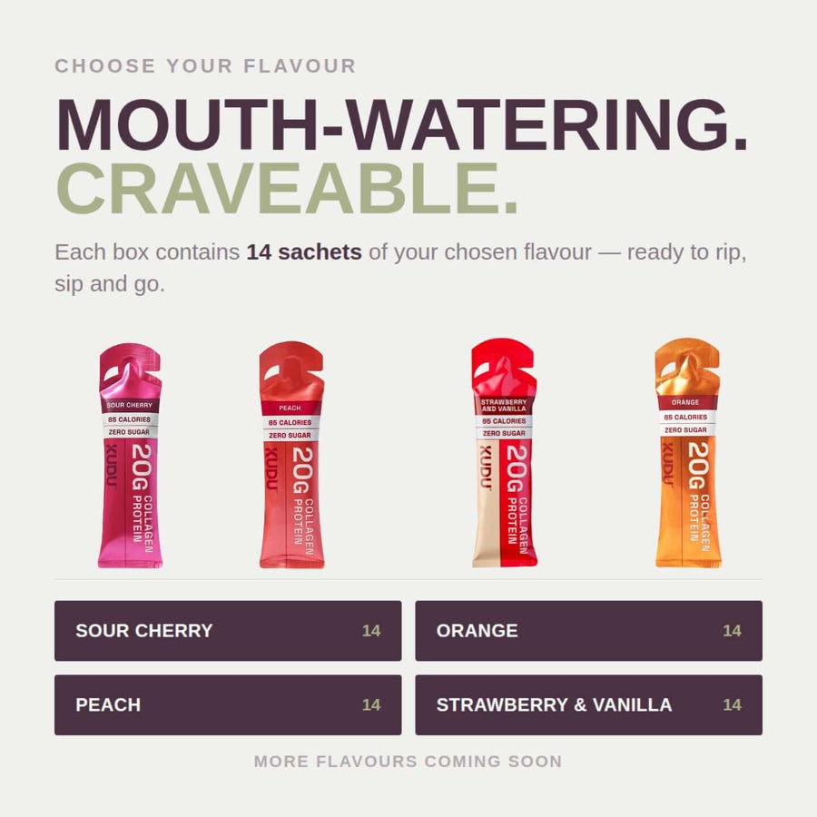 Strawberry & Vanilla 20g Liquid Collagen Protein — 14 Sachets with other flavors displayed.