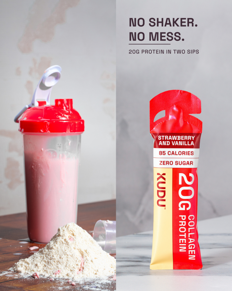 KUDU strawberry & vanilla liquid collagen protein — no shaker, no mess, 20g protein in two sips