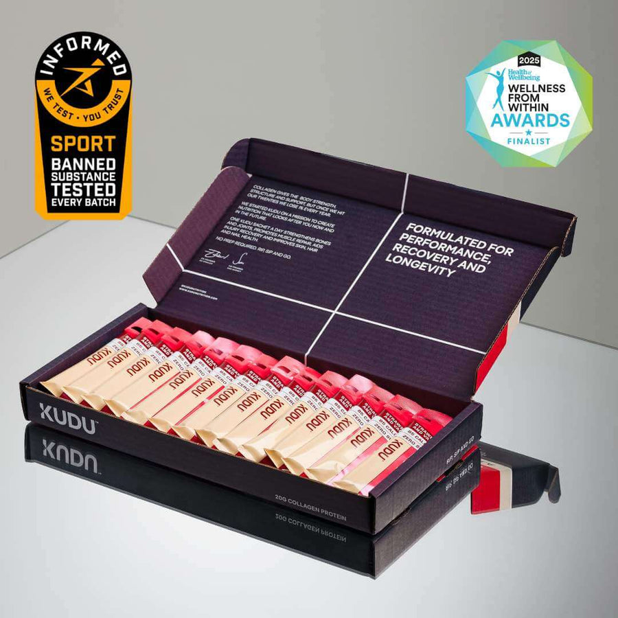 Strawberry & Vanilla 20g Liquid Collagen Protein — 14 Sachets packed in a box for easy access.