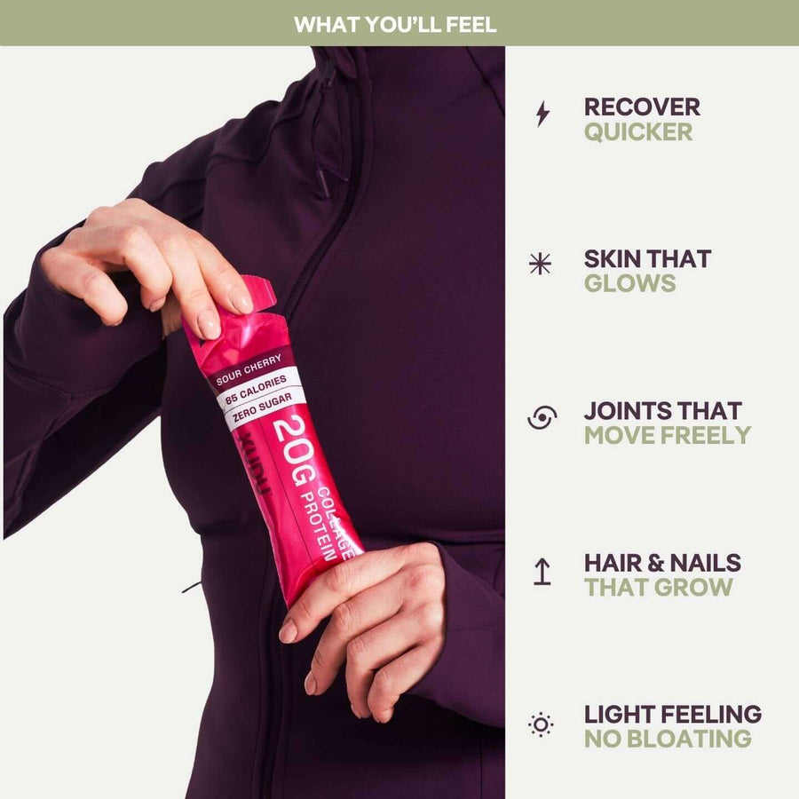 Strawberry & Vanilla 20g Liquid Collagen Protein — 14 Sachets in hand, highlighting skin benefits, low calories, and easy recovery.